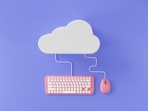 Cloud computing technology with computer. Network Data Storage, application transfers data to server, Cloud storage, Web-based cloud, data management concept. 3d icon  rendering illustration