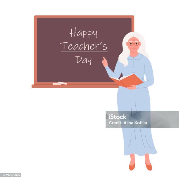 Guru Perempuan Tua Di Dekat Papan Tulis Selamat Hari Guru Pendidikan