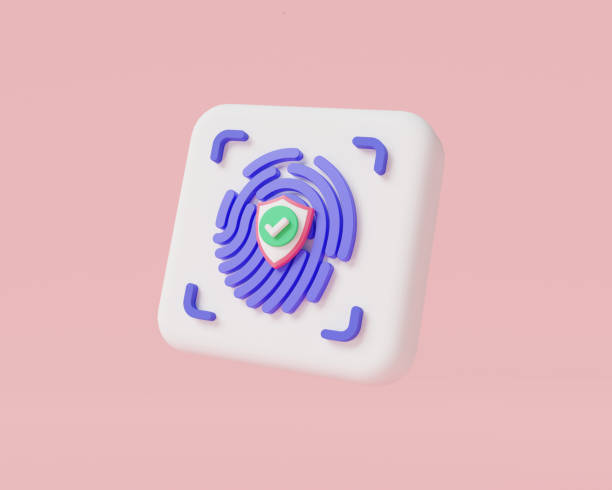Fingerprint icon with Shield protection and checkmark. Touch ID icon, finger digital security, personal privacy security, fingerprint scanning, Cyber security concept. 3d render illustration