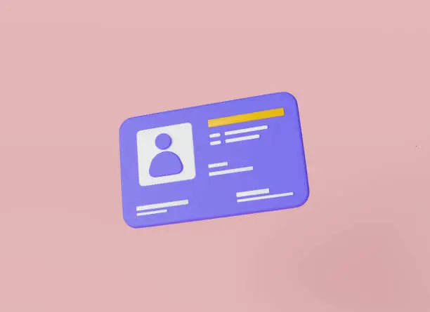 Photo of Id card floating on pink background. Identification card icon, driver license, doctor ID card template, medical identity badge, identity verification, person data. 3d icon rendering illustration