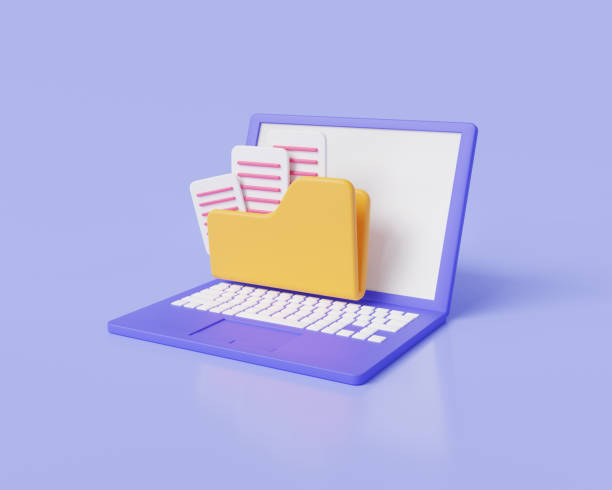 istock 3d minimal rendering illustration of portfolio folder icon with file document on laptop. Computer folder, folder with file, paper icon. file electronic, Folders with documents. File management concept. 1479747262