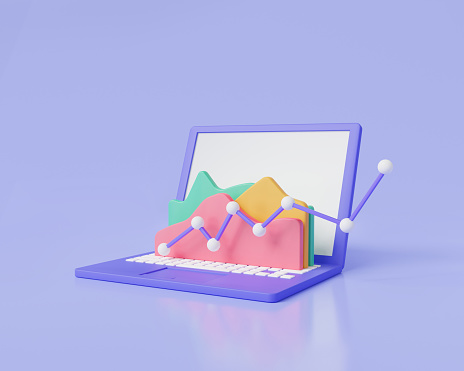 Chart Growth statistics graph on laptop. Diagrams Business finance, Financial development, financial analysis, stock market trading, financial reports budget management. 3d icon render illustration