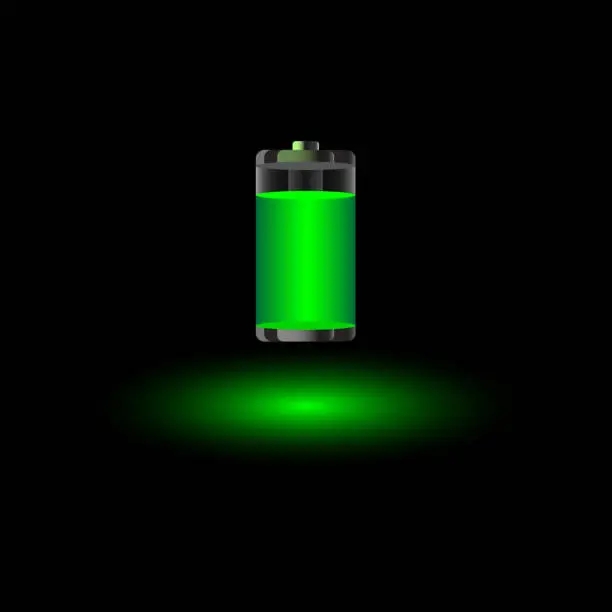 Vector illustration of Discharged empty battery glowing with green light charging status indicator isolated on black background.
