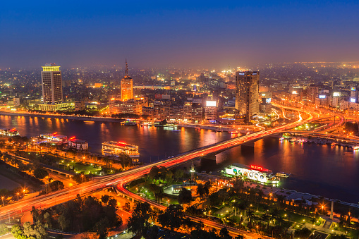 A cityscape of the downtown area of Cairo, capital city of Egypt - aerial view.