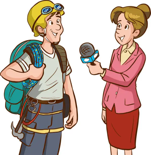 Vector illustration of female journalist interviewing the climber man cartoon vector