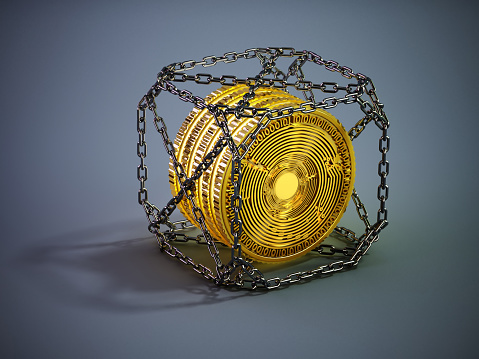 Cryptocurrency / Blockchain concept with fictitious coins inside cube shaped chain structure.