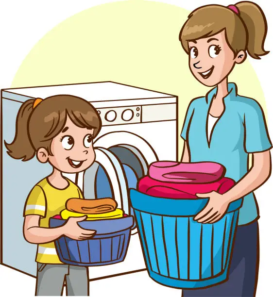 Vector illustration of mother and daughter washing clothes in the washing machine cartoon vector