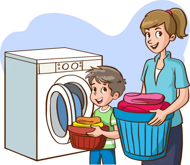 Vector illustration of mother and daughter washing clothes in the washing machine cartoon vector