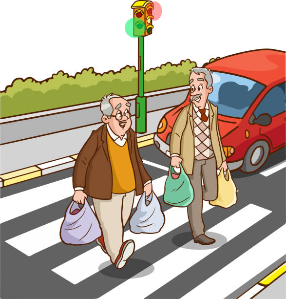 通りの人々。横断歩道上の横断歩道と街灯の漫画のベクター画像 - pedestrian senior adult street crossing点のイラスト素材／クリップアート素材／マンガ素材／アイコン素材