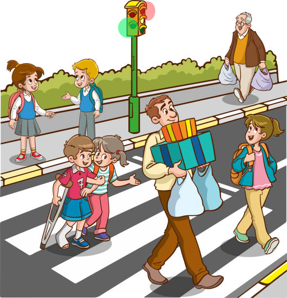 通りの人々。横断歩道上の横断歩道と街灯の漫画のベクター画像 - pedestrian senior adult street crossing点のイラスト素材／クリップアート素材／マンガ素材／アイコン素材