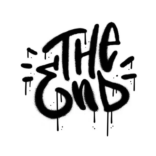 Vector illustration of The end - Sprayed urban graffiti lettering text with overspray in black over white. Vector textured illustration.