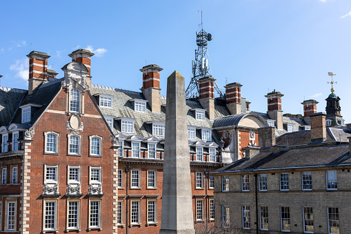 The towers of The Houses of Parliament in Westminster, London, England.  They have recently been refurbished and have spent 3 years hidden behind scaffolding, the newly cleaned building is looking exceptionally bright.