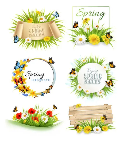 Vector illustration of Set of spring sale banners and frames with colorful spring flowers and butterflies. Vector.