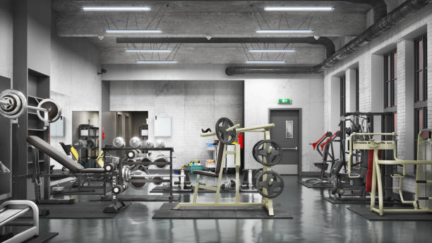 istock Fitness gym with mirrors and windows. 3d illustration 1479763325