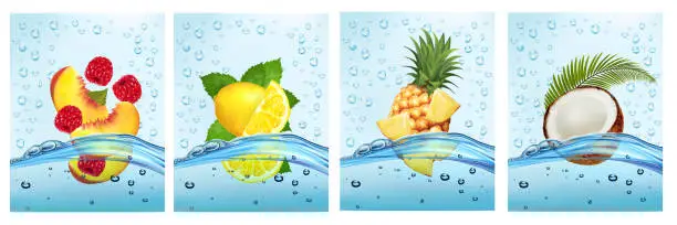 Vector illustration of Set of labels with fruit and vegetables drink. Fresh fruits juice splashing together- citron, peach, pineapple, coconut in water drink splashing. Vector illustration.