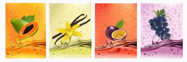 Vector illustration of Set of labels with fruit and vegetables drink. Fresh fruits juice splashing together- papaya, passionfruit, grape, vanilla injuice drink splashing. 3d fresh fruits. Vector illustration.