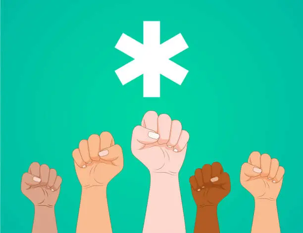 Vector illustration of Health, protest, arms up...