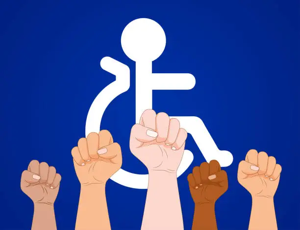 Vector illustration of Wheelchair, protest, arms up...