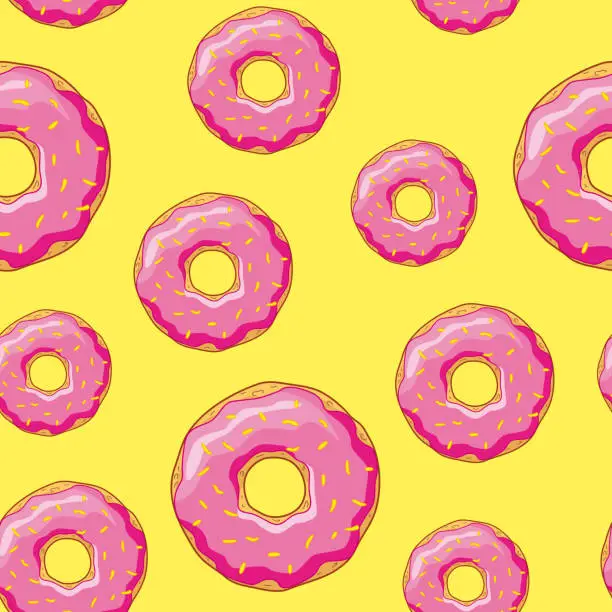 Vector illustration of Seamless background with donuts with pink glaze on yellow background.