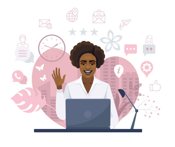 African American Businesswoman having a Video conference on laptop. Video conference. Laptop on the desk. Young woman having discussion on laptop. clip art of a teen webcam stock illustrations