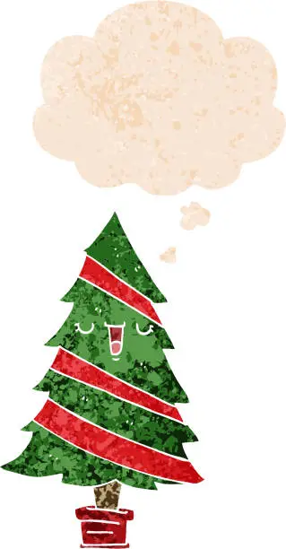 Vector illustration of cartoon christmas tree with thought bubble in grunge distressed retro textured style