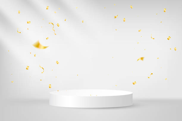 背景に白いステージ表彰台と落ちる金色の紙吹雪。ベクターイラスト - スペイン国民党点のイラスト素材／クリップアート素材／マンガ素材／アイコン素材