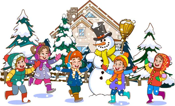 Vector illustration of winter snowing and kids having fun making snowman vector