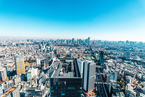 Modern city skyline bird eye aerial view of Shinjuku & Shibuya area, Tokyo
