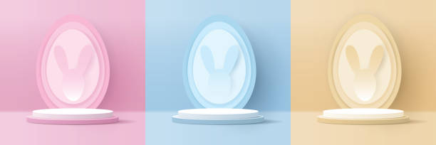 istock Happy Easter pink, yellow and blue background and paper art podium display for product presentation branding and packaging presentation. studio stage with eggs background. vector design. 1479768588