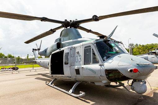 Changi Airport, Singapore - February 12, 2020 : Bell UH-1Y Venom Attack Helicopter Of United States Marine Corps On Display In Singapore Airshow.