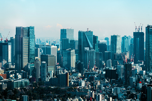 Modern city skyline bird eye aerial view of Shinjuku & Shibuya area, Tokyo