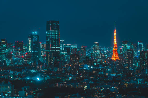 도쿄 타워와 스카이 라인 도쿄, 일본 - tokyo prefecture night tokyo tower skyline 뉴스 사진 이미지