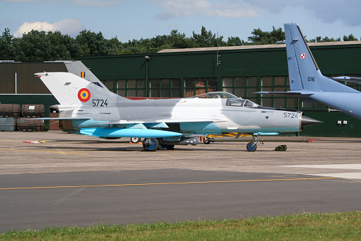 Romanian Air Force MiG-21 Fishbed fighter jet at Kleine Brogel Air Base. Peer, Belgium - Jul 20, 2005