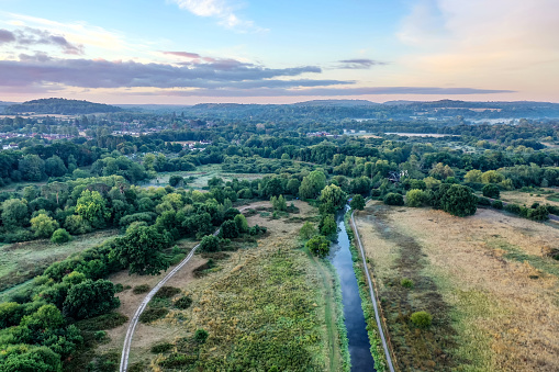 Aerial  Autumn view of River Wey Guildford Surrey England Europe