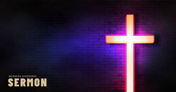 istock Sunday evening sermon Christian cyber web banner. Religious cyberpunk background with neon cross 1479777873