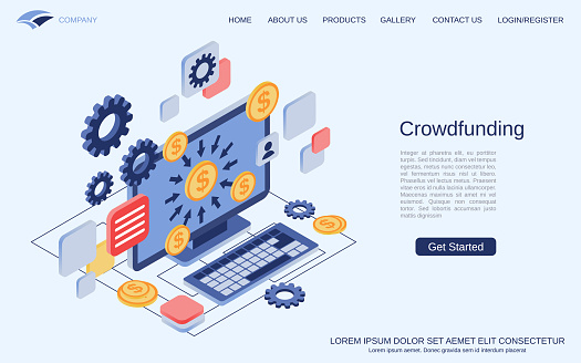 Crowdfunding modern 3d isometric vector concept illustration. Landing page design template