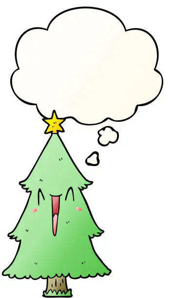 Vector illustration of cartoon christmas tree with thought bubble in smooth gradient style