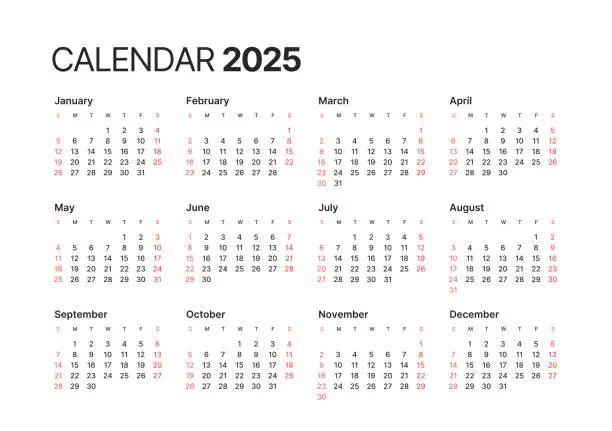 Vector illustration of Annual calendar template. Week starts on Sunday.
