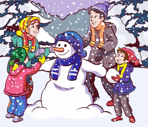 Vector illustration of family making snowman.