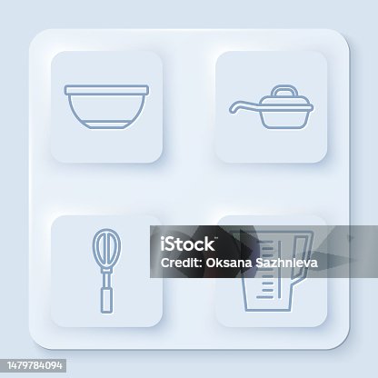 istock Set line Bowl , Frying pan , Kitchen whisk and Measuring cup. White square button. Vector 1479784094