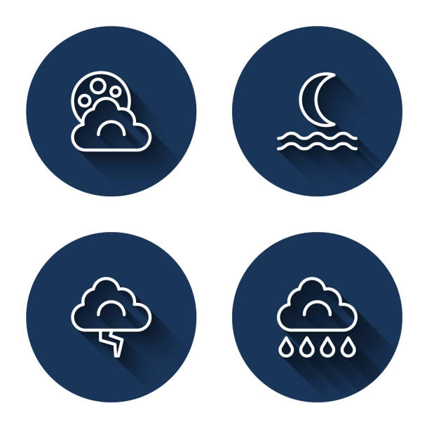 Set line Cloud with moon, Night fog or smoke, and lightning and rain with long shadow. Blue circle button. Vector Set line Cloud with moon Night fog or smoke and lightning and rain with long shadow. Blue circle button. Vector. moon dust stock illustrations