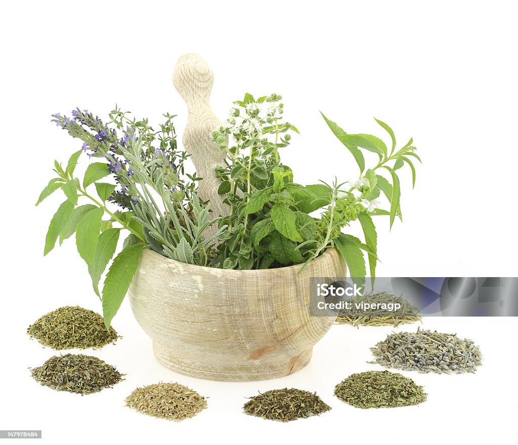 Herbs and spices Mortar and pestle with fresh herbs and dried spices Lavender - Plant Stock Photo