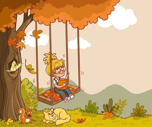 Vector illustration of Cute girl swinging and reading a book in the autumn park.vector illustation