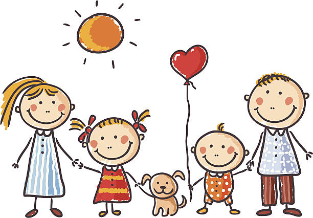 Family Child's drawing of a happy family with a puppy and balloon.   happy sibling day stock illustrations