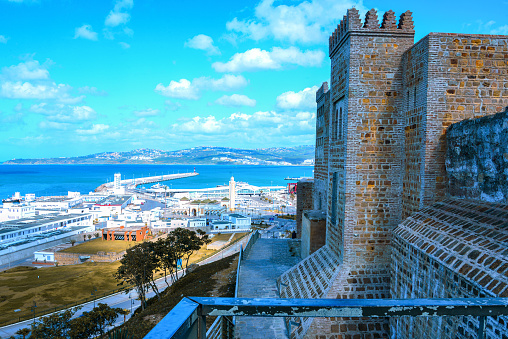 Bab Al bahr fortified wall in Tangier with a view over the Mediterranean sea