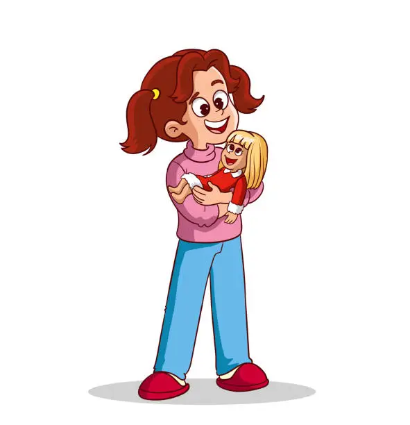 Vector illustration of girl playing with her doll