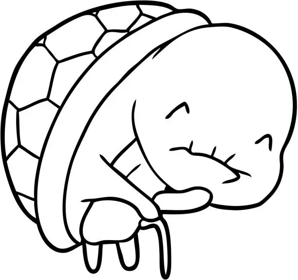 Vector illustration of cute line drawing of a old turtle with walking stick