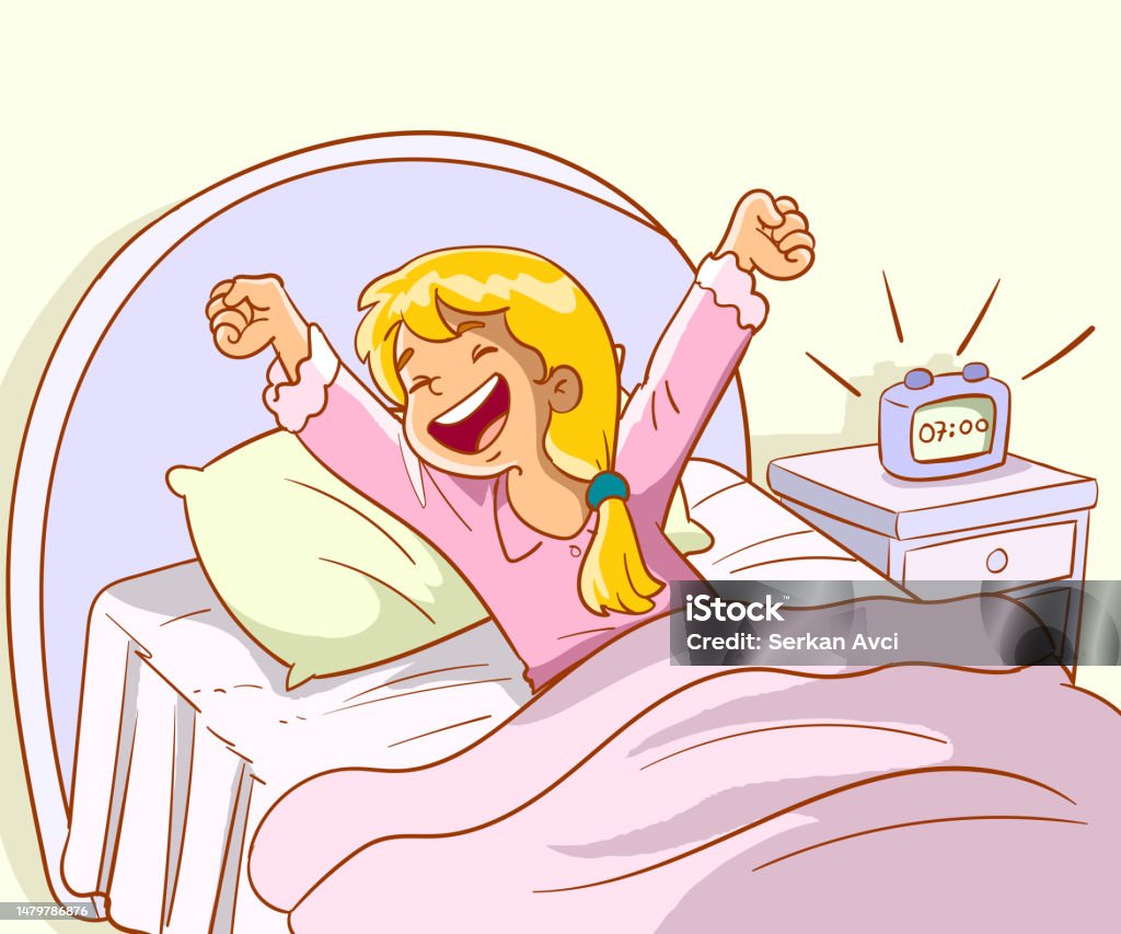 Happy Cute Little Kid Girl Wake Up Cartoon Vector Stock Illustration Happy Cute Little Kid Girl Wake Up Cartoon Vector Stock Illustration