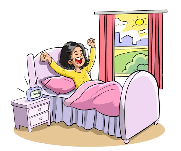 Vector illustration of happy cute little kid girl wake up cartoon vector