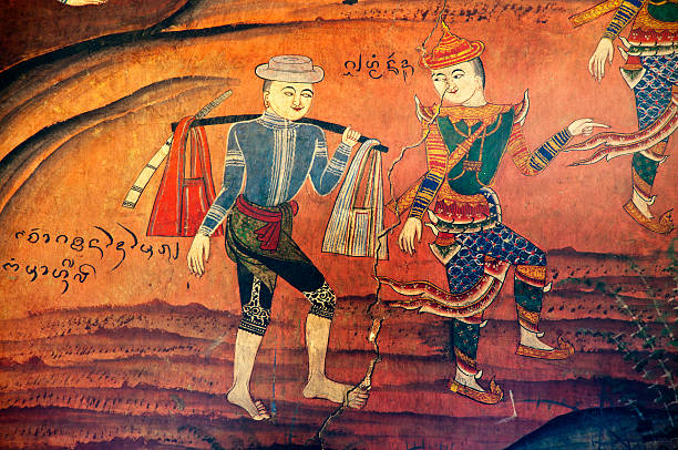 Ancient Thai temple mural background Ancient Buddhist temple mural depicting a Thai daily life scene at Wat Phumin, a famous temple in Nan province, Thailand. The temple is open to the public and has beautiful murals on the walls which were painted by Thai artisans hundreds of years ago. These beautiful ancient murals have deteriorated over the years but there are still some in good condition. painted image paintings oil paint senior women stock pictures, royalty-free photos & images